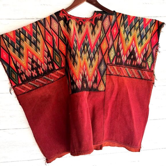 Vintage 70s Guatemalan Huipil Handmade Tunic Top – Red Brown Geometric P… - Picture 2 of 15